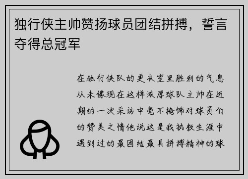 独行侠主帅赞扬球员团结拼搏，誓言夺得总冠军